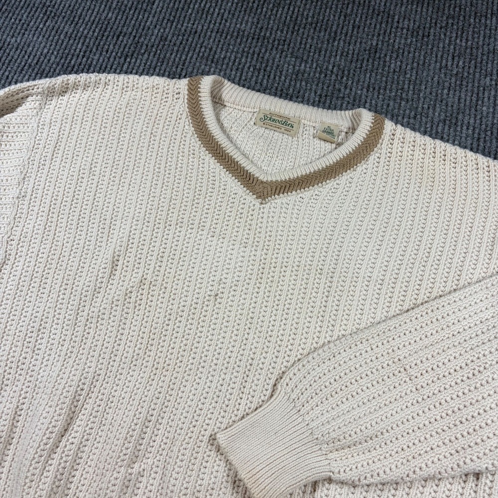 St Johns Bay Sweater Mens XL Cream Cotton V-Neck Ribbed Knit Pullover Tan Trim